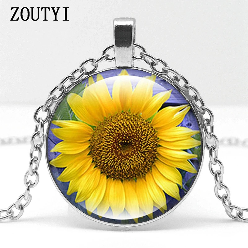 2018/ hot sale, sunflower pattern glass pendant necklace, fashion wear necklace jewelry.