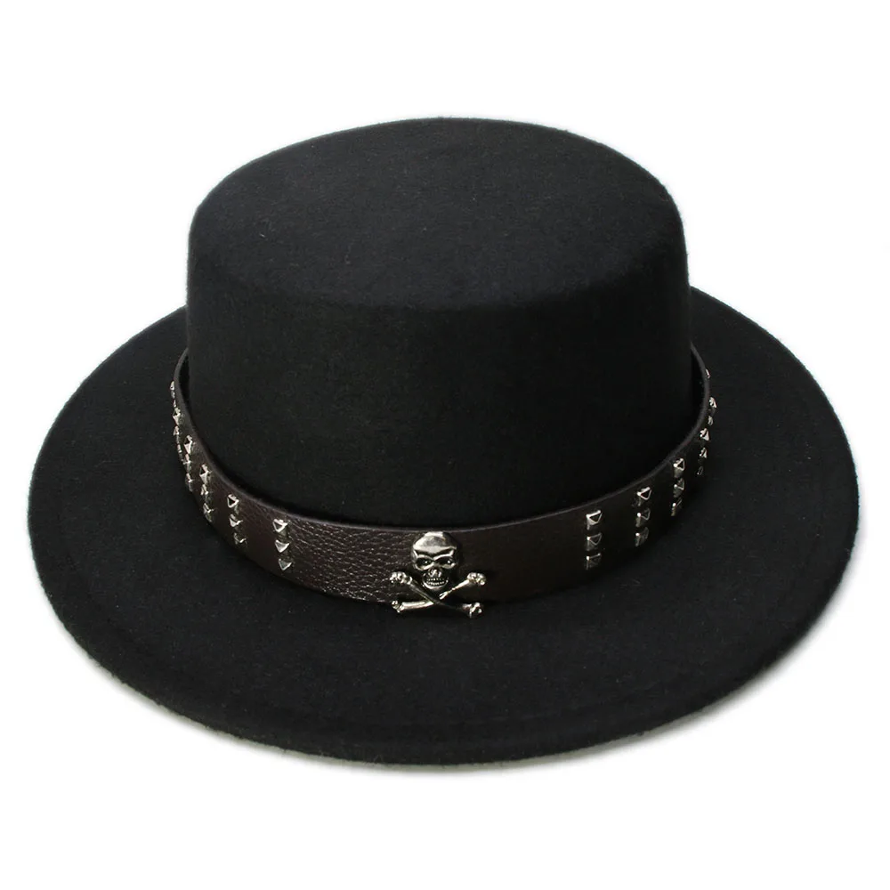 LUCKYLIANJI Women Men Vintage Wool Felt Wide Brim Top Cap Pork Pie Pork-pie Bowler Hat Skull Bead Leather Band (57cm/Adjust)