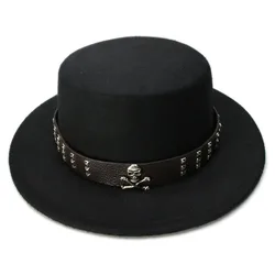 LUCKYLIANJI Women Men Vintage Wool Felt Wide Brim Top Cap Pork Pie Pork-pie Bowler Hat Skull Bead Leather Band (57cm/Adjust)