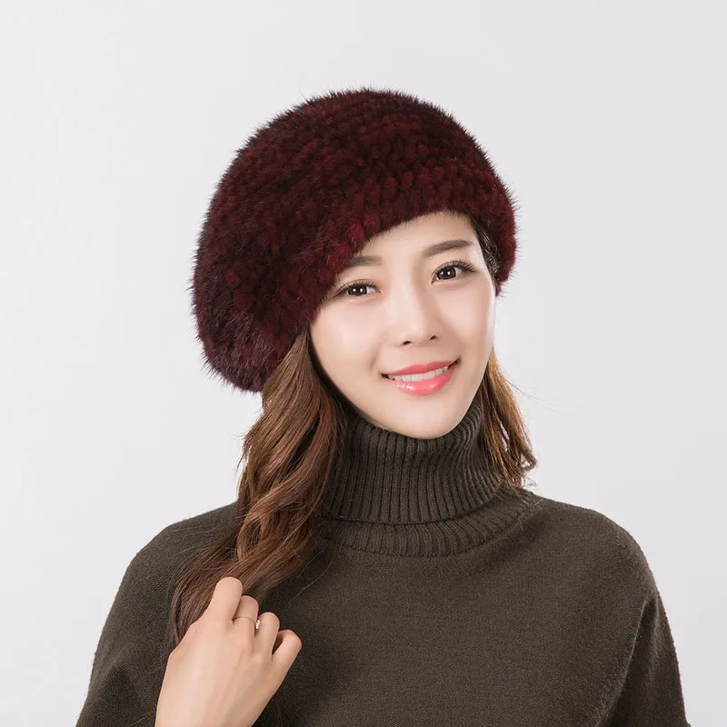 Women\'s fur beret hat high quality mink knitted hat Fashion warm mink velvet knitted fur beret cap