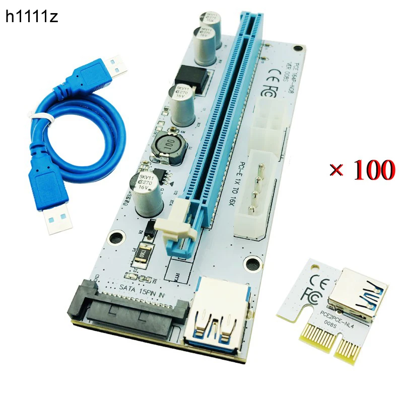 

100PCS 008S Riser PCIe PCI-E PCI Express Riser Card 1x to 16x USB3.0 Cable SATA to 4Pin IDE Molex Power for Bitcoin Miner Mining