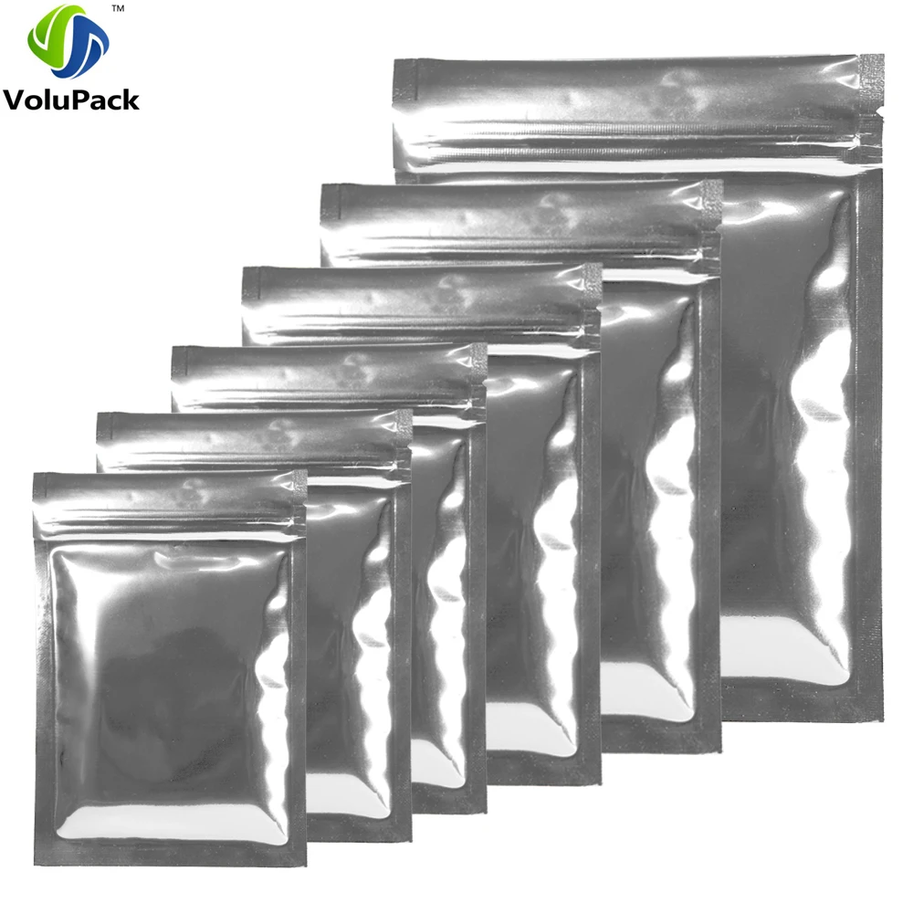 Aluminum Mylar Package, Flat Zip Lock Storage Bag, Glossy Silver Tear Notch, Heat Sealable, Various Size, 100Pcs