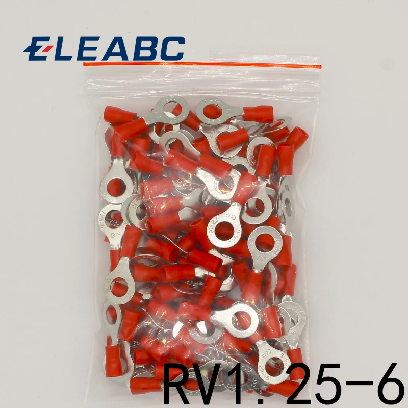 

RV1.25-6 Red 22-16 AWG 0.5-1.5mm2 Insulated Ring Terminal Connector Cable Wire Connector 100PCS/Pack RV1-6 RV