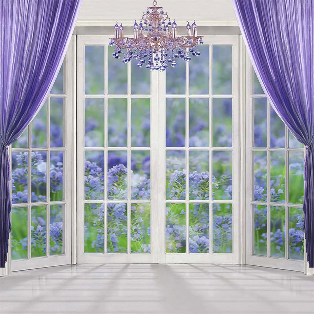 

Interior Window Photography Backdrops Vinyl Purple Curtain Crystal Chandelier Lavender Flowers Wedding Photo Studio Backgrounds