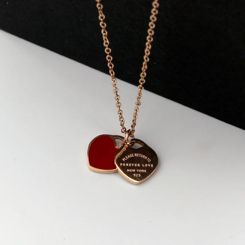 

New Arrival Double Heart Enamel Lady FOREVER LOVE Stainless Steel Necklace Jewelry Wholesale Gift For Women K0023