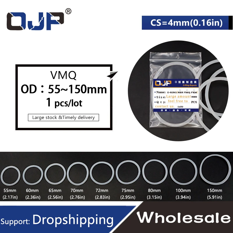 White Rings Silicone/VMQ 4mm Thickness OD 55/60/65/70/72/75/80/85/90/95/100/105/150mm Rubber O-ring Seal Gasket Strip Washer