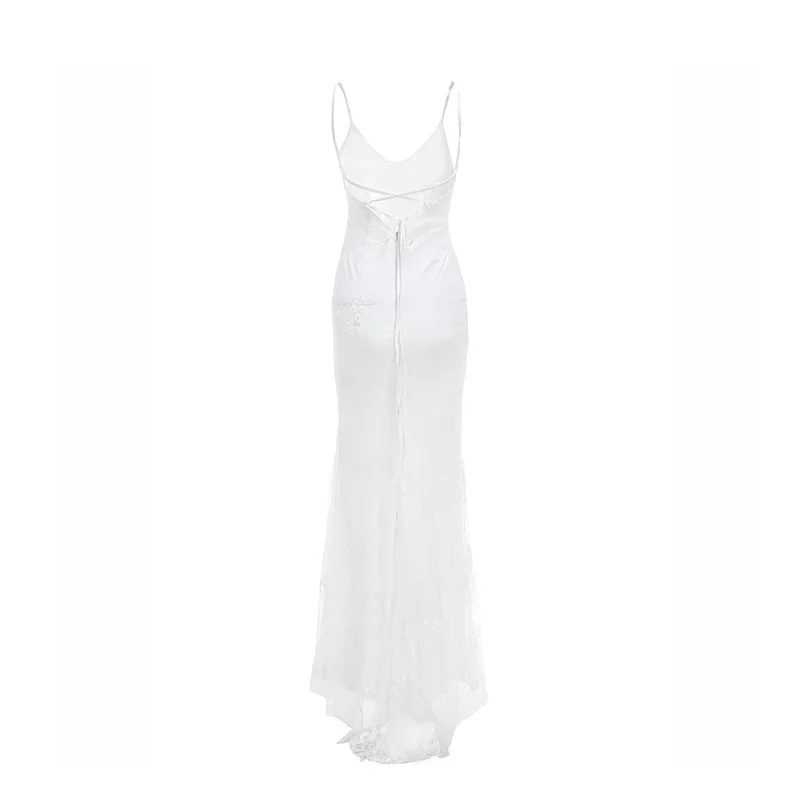 Women Party Long Dress Summer White Sexy Lace Dress V Neck Backless Lace Up Maxi Bodycon Dresses Vestidos verano 2026 Gift
