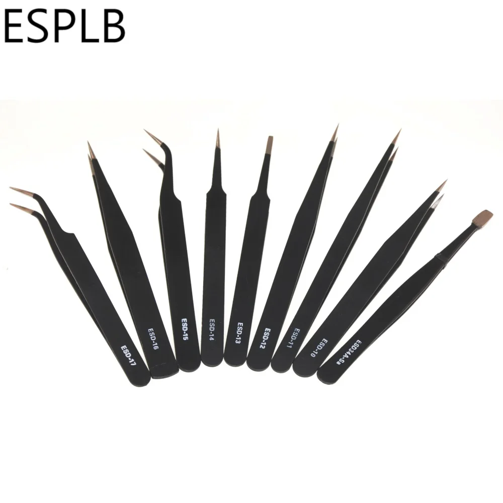 9-10pcs/Set ESD Stainless Steel Tweezers Precision Anti-Static Industrial Repair Tools Tweezers for Electronics Soldering Craft