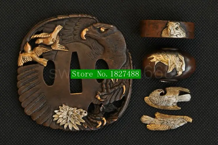 Japanese Samurai Sword Katana Tsuba Eagle Designed Hand Guard Sword Fitting Brass W/TSUBA+FUCHI+KASHIRA+MENUKI