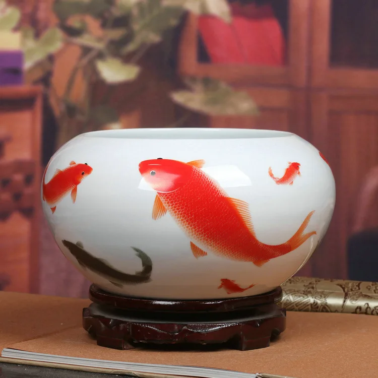 Jingdezhen ceramics Fencai shallow water tank Home Furnishing carp figure modern decorative crafts ornaments wholesale