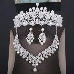 Fashion Crystal Pearl Costume Jewelry Sets Rhinestone Statement Necklace Earrings Crown Tiaras Set Women Wedding Jewelry Sets