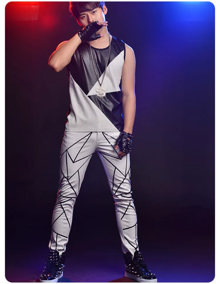 Personality Man Black and White Patchwork Vest Pants set Bar Nightclub City Boys Singer DJ Costumes Stage Equipment Dance outfit