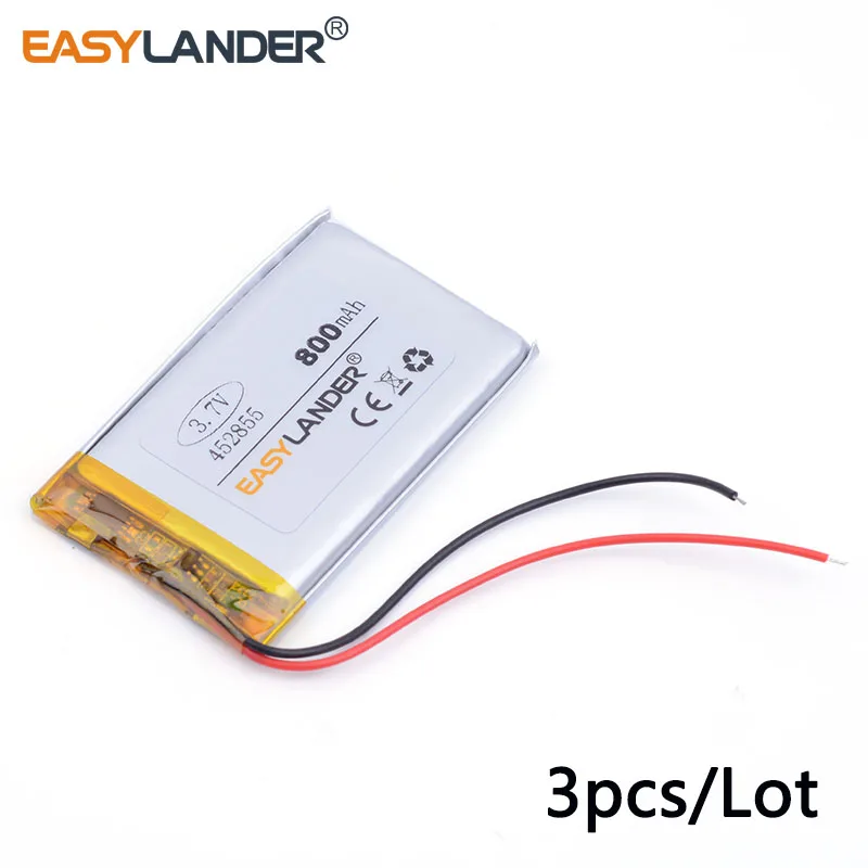 Pilha polímero de íon de lítio 3 argolas, 3.7v 800mah 452855 para gps mp3 mp4 alto-falante telefone celular e-book câmera filmadora