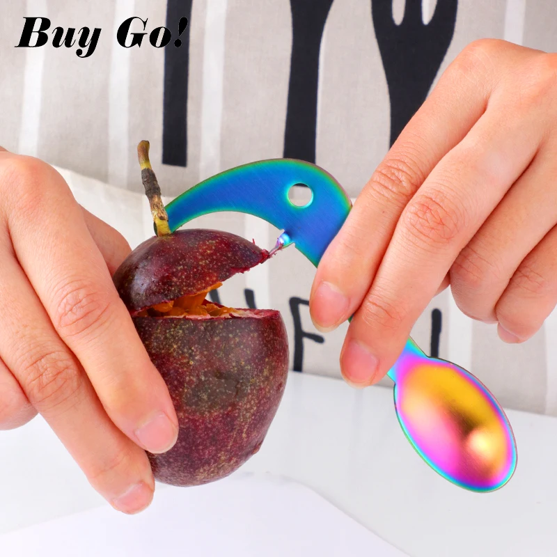 1PC Stainless Steel Useful Passion Fruit Opener Spoon Creative Hanging Colorful Fruit Jam Scoop Kitchen Gadgets Restaurant Tool