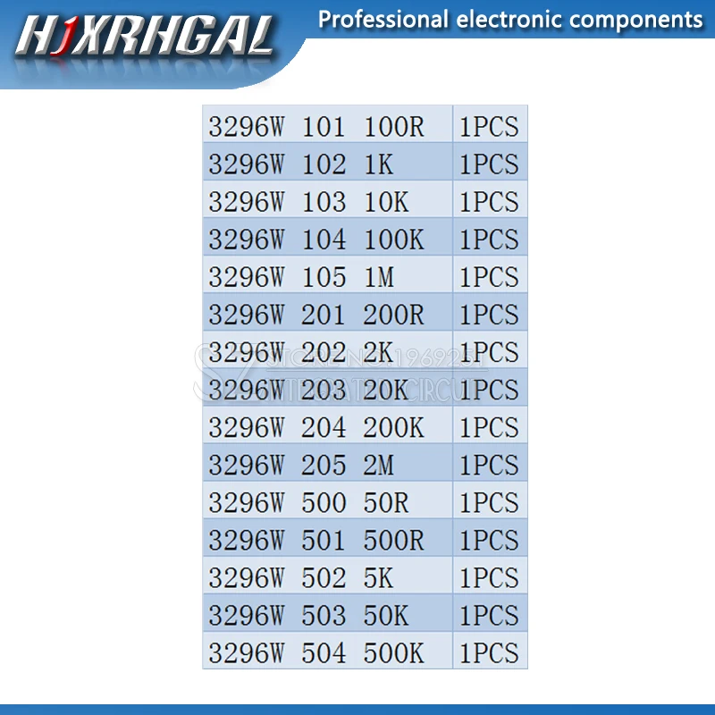 15valuesX1pcs=15pcs 100ohm-2Mohm 3296 3296w Variable Resistors MultiTurn trimmer adjustable precision Potentiometer kit hjxrhgal