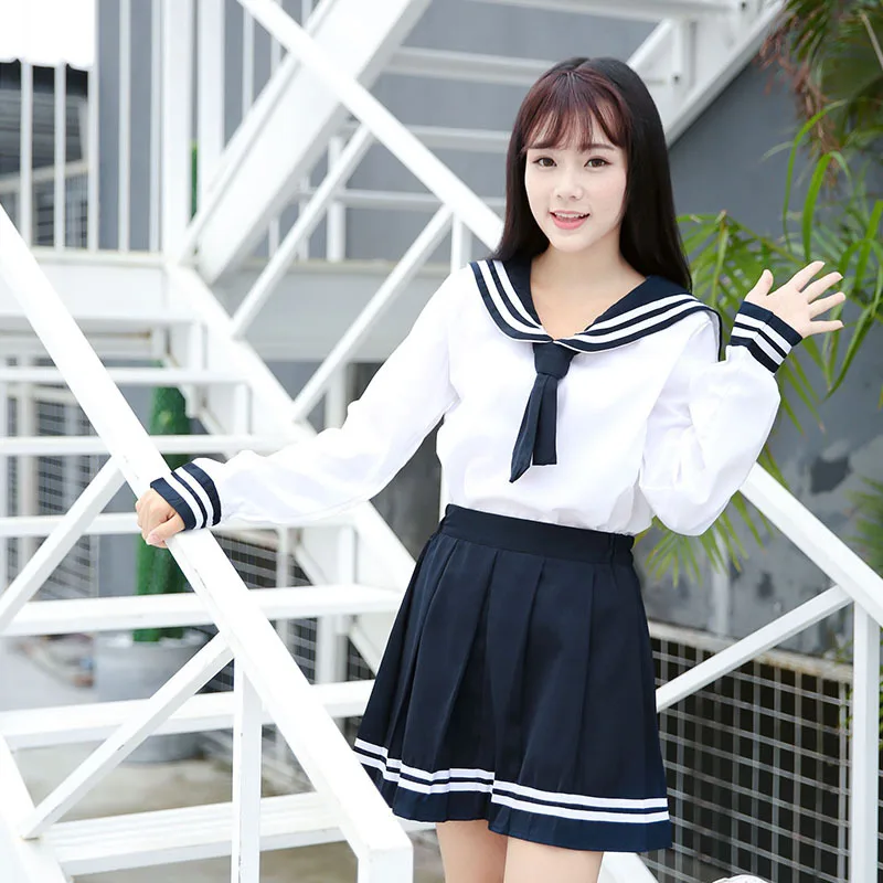 High-quality JK uniform Japanese Sailor Suit Girl School uniform Kansai Collar Student Short-sleeve Pleated skirt suit Navy blue