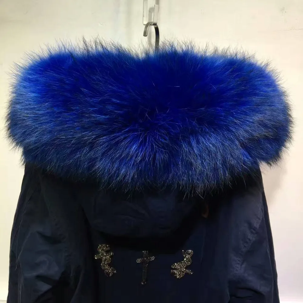 Navy Long Parka Blue Faux Fur Lining Beads Overcoat Real Raccoon Fur Winter Nice Coat