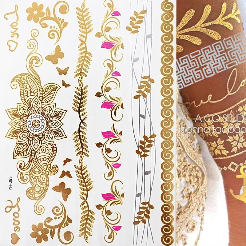 Flash Metallic Waterproof Tattoo Gold Silver Women Fashion Henna /Peacock Feather Design Temporary Tattoo Stick Paster