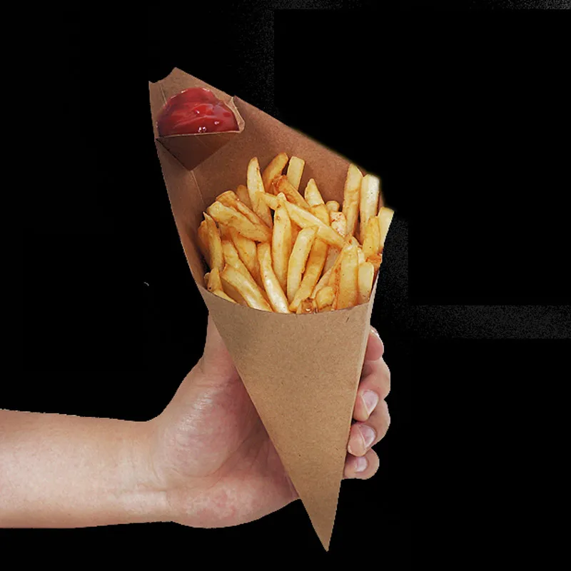 Disposable Creative Cone Shape French Fries Box, Waterproof and Anti-Oil, Food Grade Kraft Paper Bag, Fried Food Package, 100Pcs