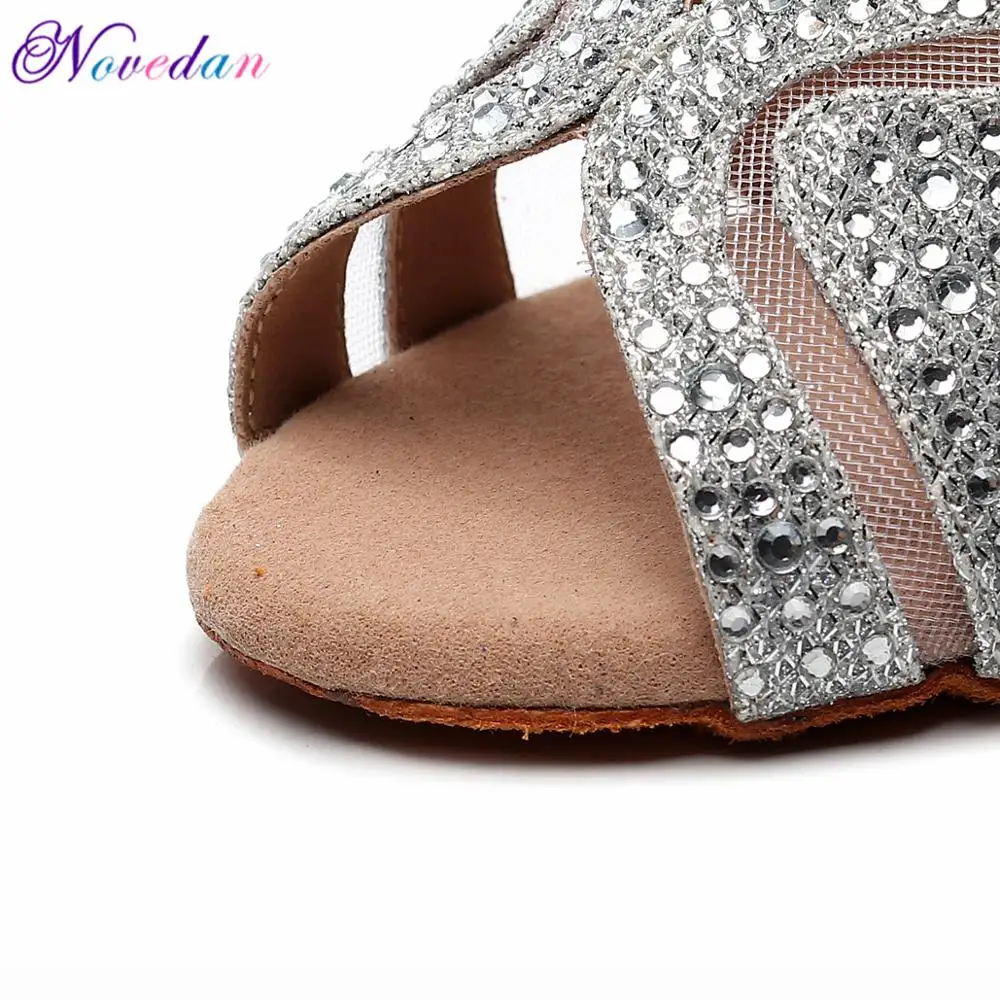 Latin Dance Shoes Women Rhinestone Glitter Salsa Ballroom Sandals Party Dancing Shoes High Heels 9cm Silver White