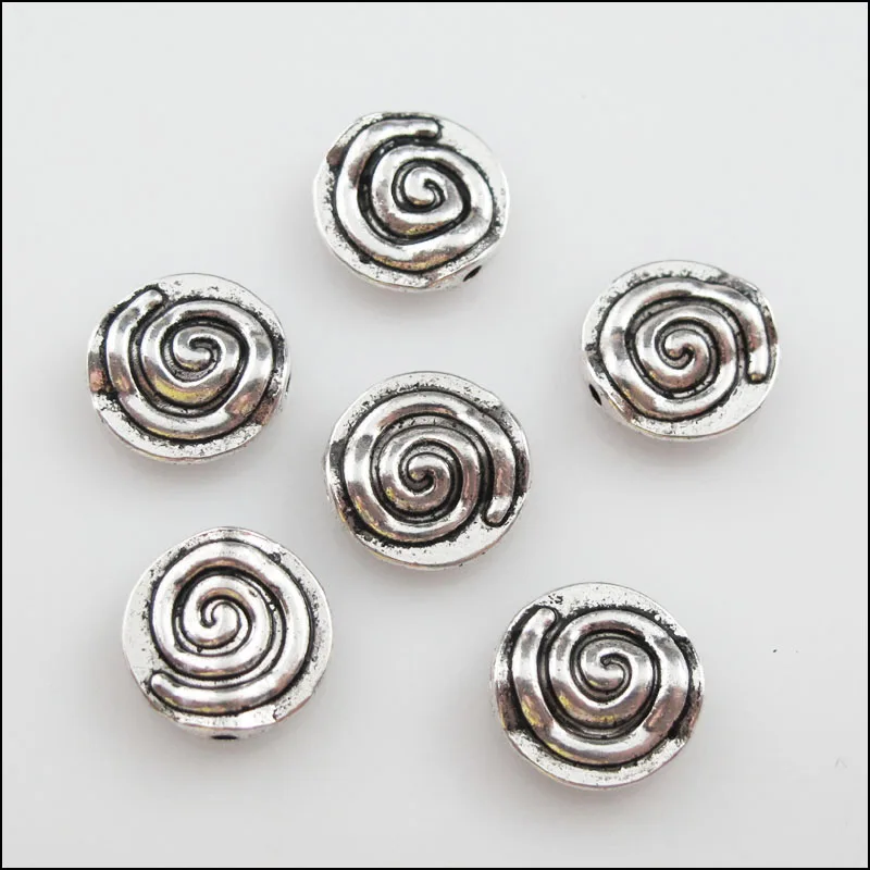 20Pcs Tibetan Silver Color spiral Rotating Round Flat Spacer Beads Charms 12mm