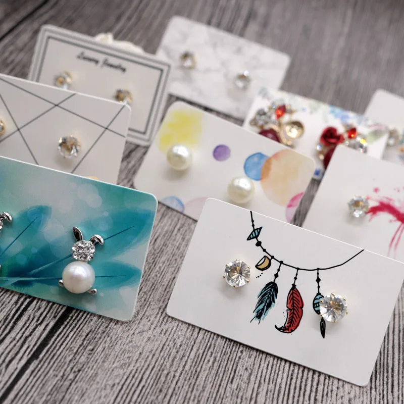 Hot Sale 100pcs/lot 3x5cm Paper Earrings Card Multi Designs Ear Studs Earring Display Packaging Card Rectangle Jewelry Cards