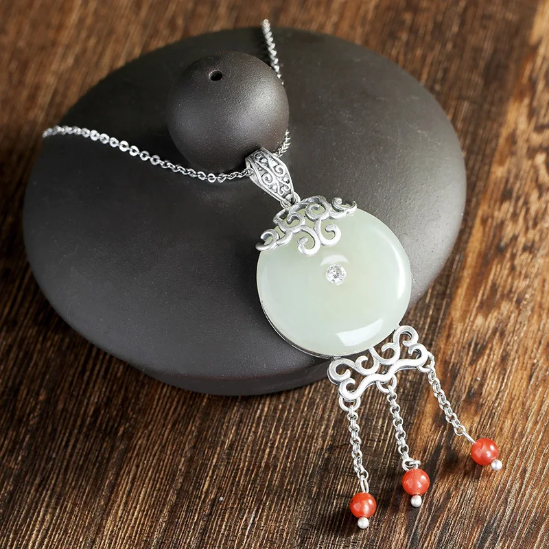 pure silver inlaid Hetian Jade and White Jade safely buckle the natural female Necklace Pendant with ancient red balls