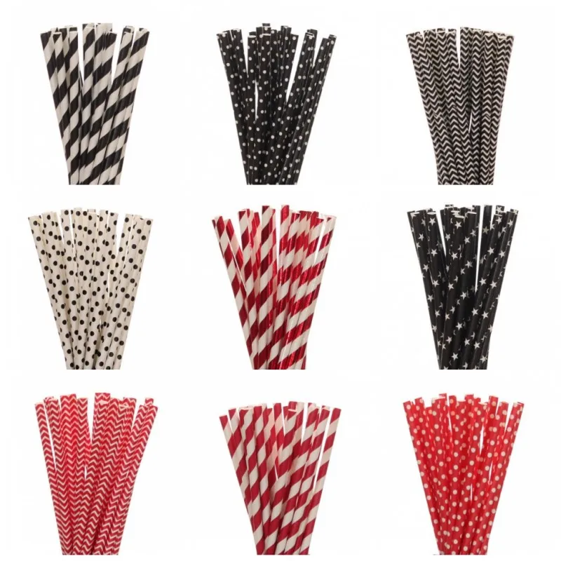 

New 25pcs/lot Red Black Paper Straws For Kis Happy Birthday Wedding Christmas Decorative Party Supplies Creative Drinking Straws