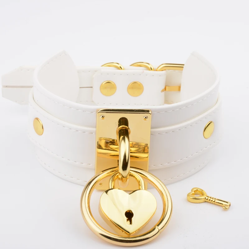 Handmade White Leather Choker Oversized Wide Layered Slave Collar Heart Locket Necklace for Women Girls   Choker