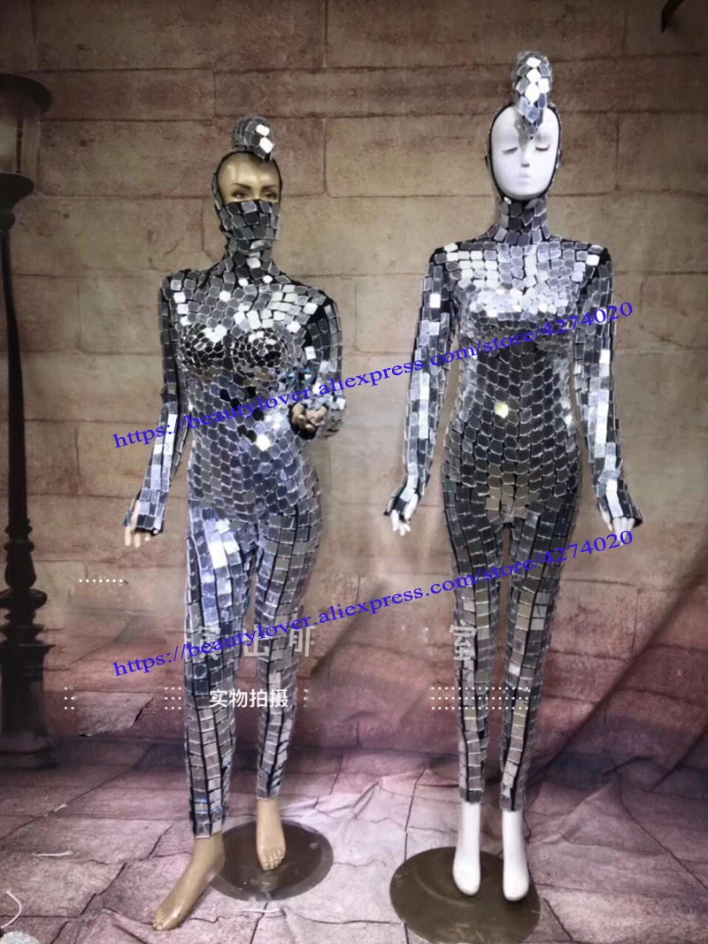 Cantante Stage Show Body luminoso Pieno di paillettes Specchi Maschera Tuta Abiti da ballo sexy Set Discoteca Cosplay Danza femminile