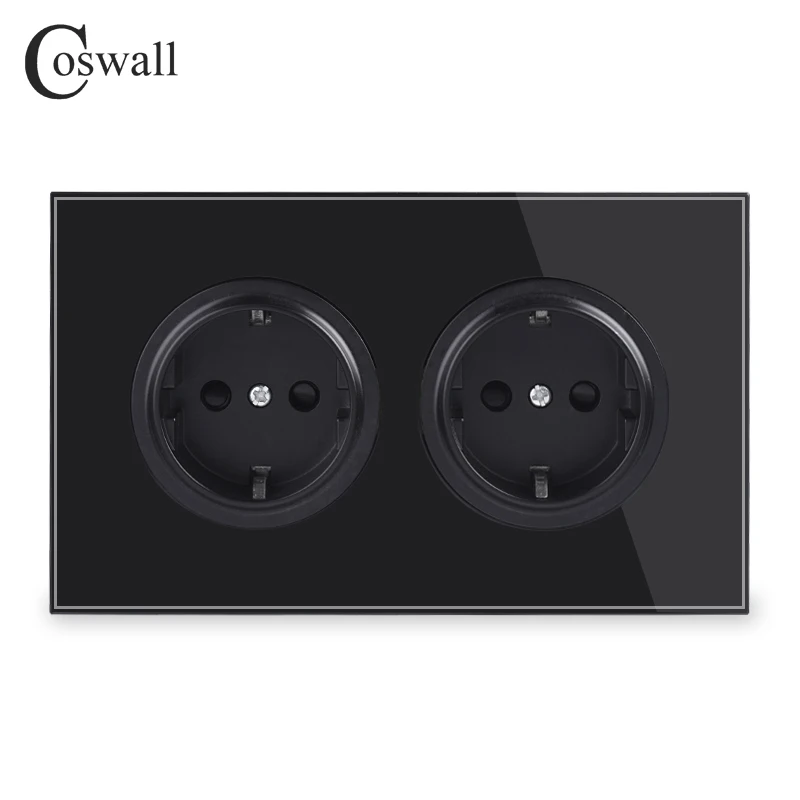 Coswall Crystal Tempered Pure Glass Panel 16A Double EU Standard Wall Power Socket Grounded With Child Protective Lock 146 Type