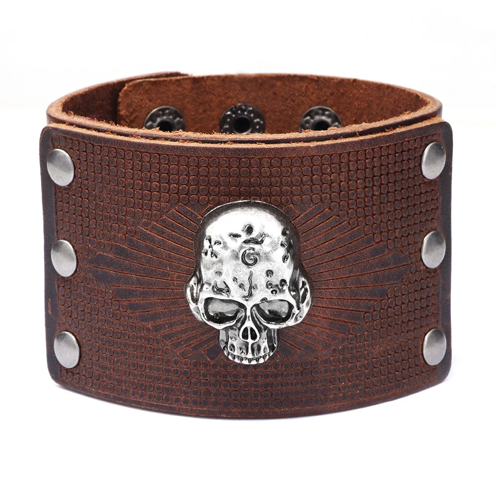 Mens Bracelets 2019 New Leather Bracelet Skull Exaggerated Wide Leather Hand Snap Jewelry Gifts for Men Bracelets Bangles