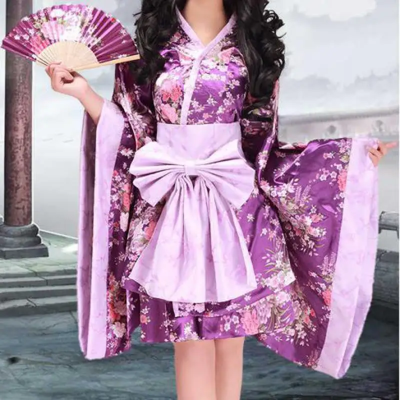 Vintage Traditional Female Silk Rayon Kimono Yukata With Obi Sexy Purple Japanese Women Evening Dress Halloween Cosplay Costume