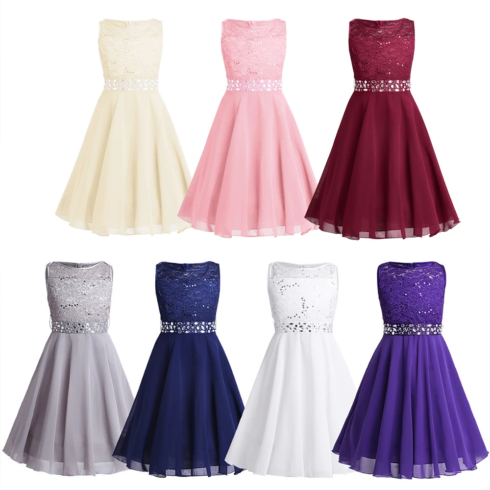 iiniim Girls Sequined Floral Lace Chiffon Dress Princess Formal Brides Wedding Birthday Party Dress First Communion Tutu Dress