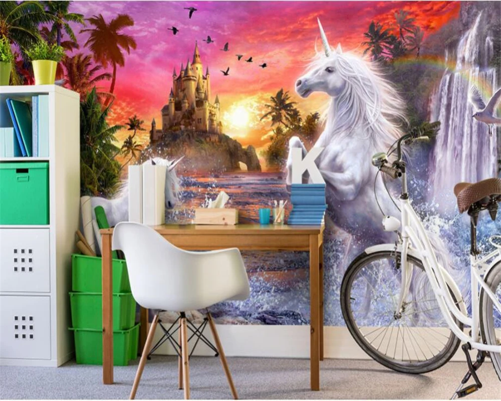 3D wallpaper red sky castle stream waterfall rainbow white horse children room background wall mural 3d wallpaper beibehang