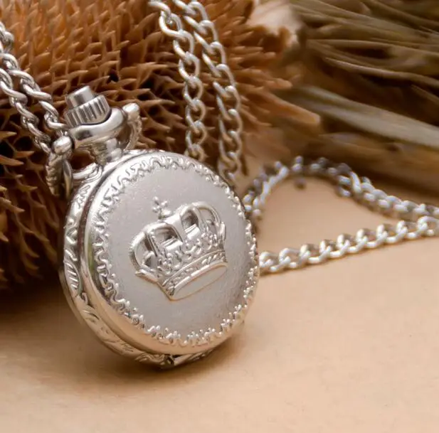 New Arrival Vintage Silver Royal Imperial Crown Pocket Watch Pendant Necklace Mens woman P029