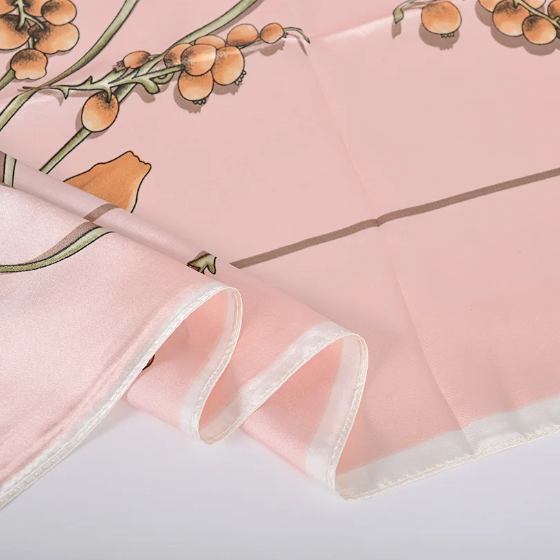 [BYSIFA] White And Pink Silk Scarf Shawl Fashion Brand Floral Satin Square Scarves Hijabs Autumn Winter Headscarves Wraps 90*90