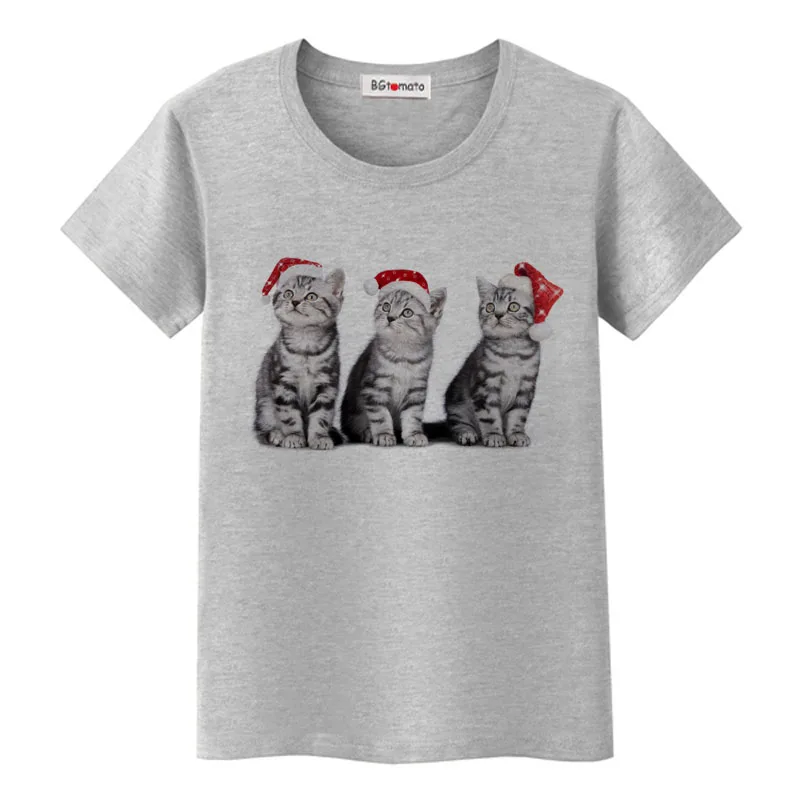 

BGtomato Funny Christmas Three Cats Women T-Shirt Harajuku Shirts Cute 3d Animal Print tops Best Christmas Gift Tee