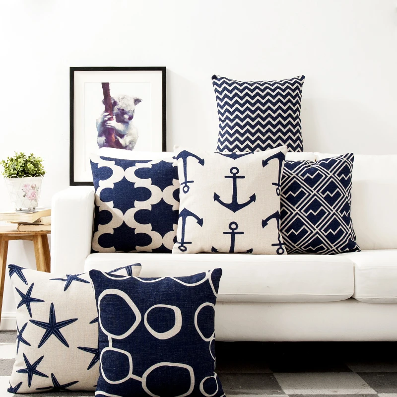 Blue Mediterranean Starfish Hippocampus Cushion Geometric Pillow Cover Home Decorative Sofa Office PillowCase