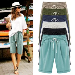 Cotton Linen Pants Women Summer High Waist  Plus  Size Casual Loose Elastic Pockets Trousers 4xl 5xl 6xl