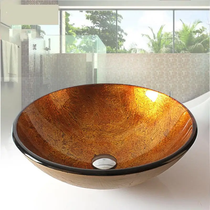 

Glass Round Vessel Bathroom Sink with Faucet Drain and Faucet