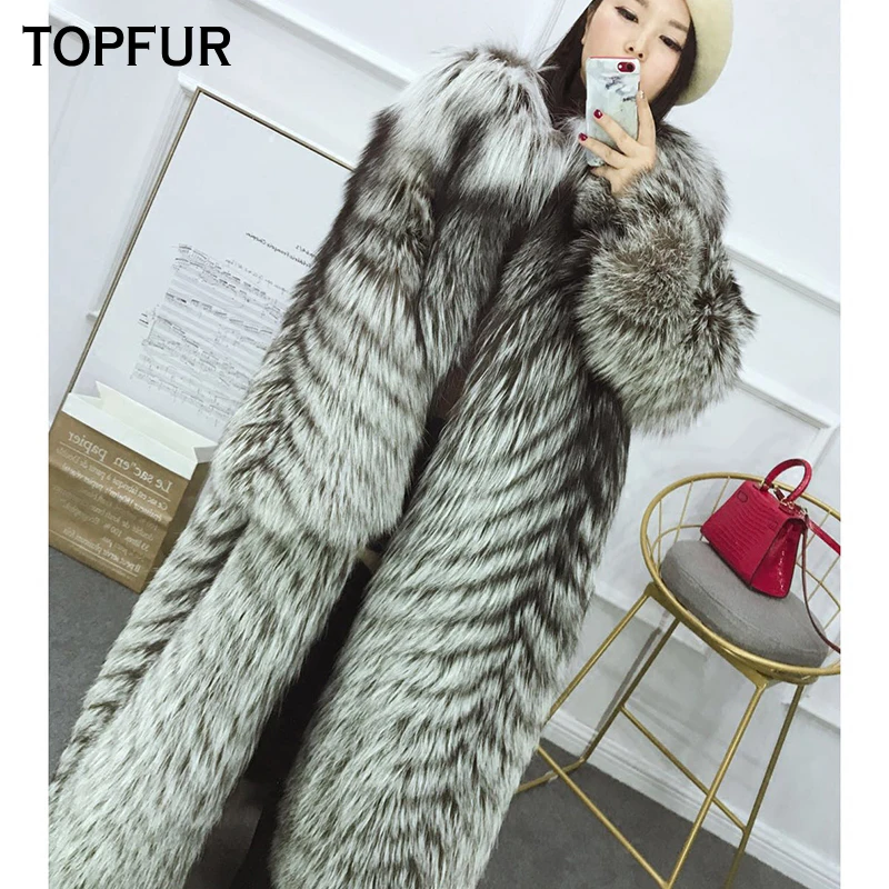 TOPFUR 2021 New Winter Real Fox Fur Coats Women 120 CM X-Long Fashion Silver Fox Fur Outwear O-Neck Luxury Thick Warm Fur Coat