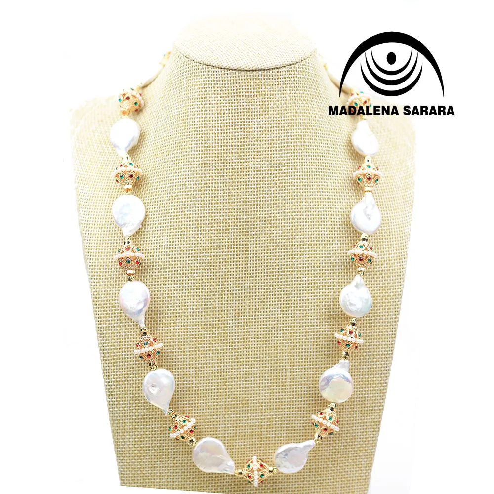 MADALENA SARARA 12-13mm Elegant Queen Style Cultured Freshwater Pearl Necklace Bracelet Set European Bride Button Shape Pearl