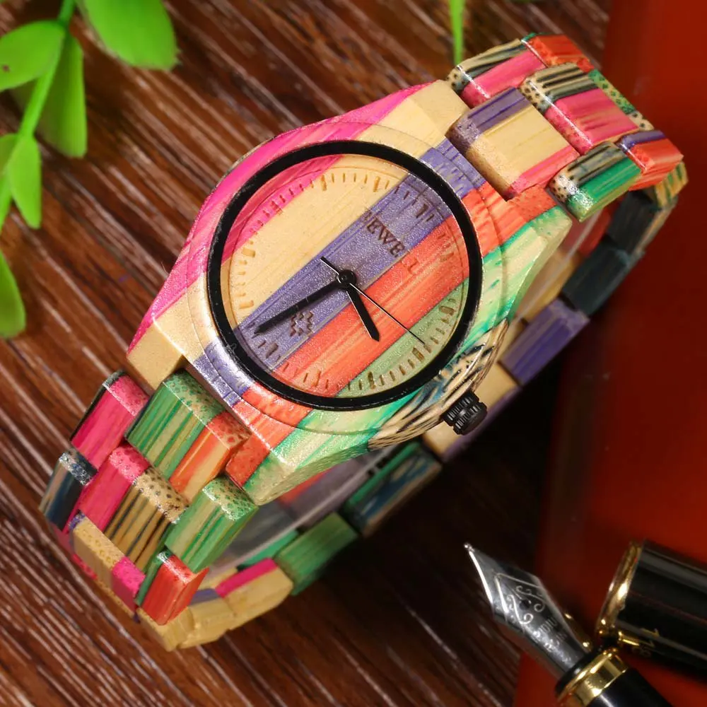 

BEWELL Luxury Brand Women Quartz Watch, Handmade Colorful Bamboo Wood Fashion Casual Watch, Japan Movement Waterproof Wristwatch