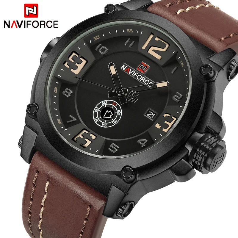 Mens Watches NAVIFORCE Top Luxury Brand Men Leather Watches Man Analog Quartz Clock Waterproof Sports Army Military Wrist Watch