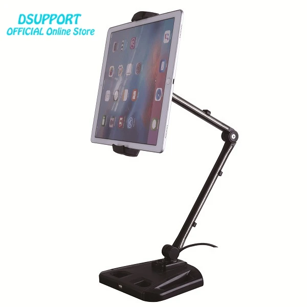 Suporte de alumínio para tablet/smartphone, rotação 360 graus, dobrável, liga de alumínio, 4.7 a 12.2 polegadas, base grande, carregador usb