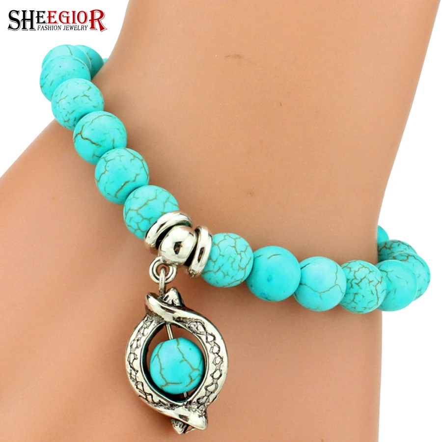 Boho Vintage Turquoises Bracelets for Women Men\'s Handmade Accessories Alloy Pendants Cross Tree Snake Owl Charm Bracelet Bangle