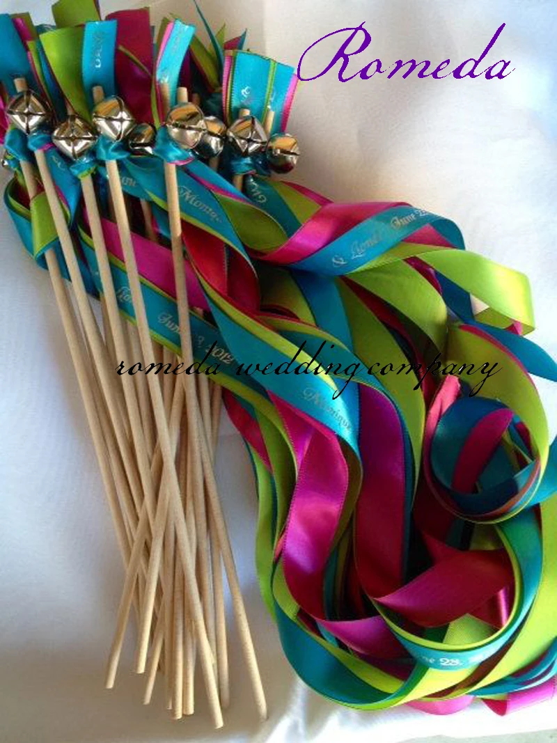 

Customized Wedding Ribbon Stick/ Ribbon Wands/Twirling Streamers With Gold Bell