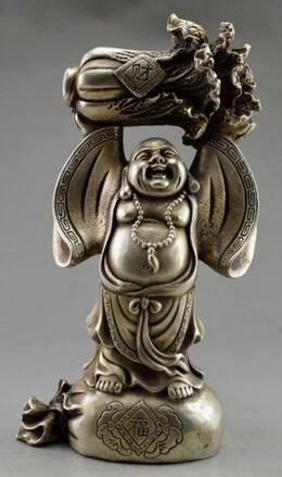 

Copper Brass CHINESE crafts Asian Elaborate Chinese Decorated Old Tibetan Silver Buddha Hold Cabbage Auspicious Statue