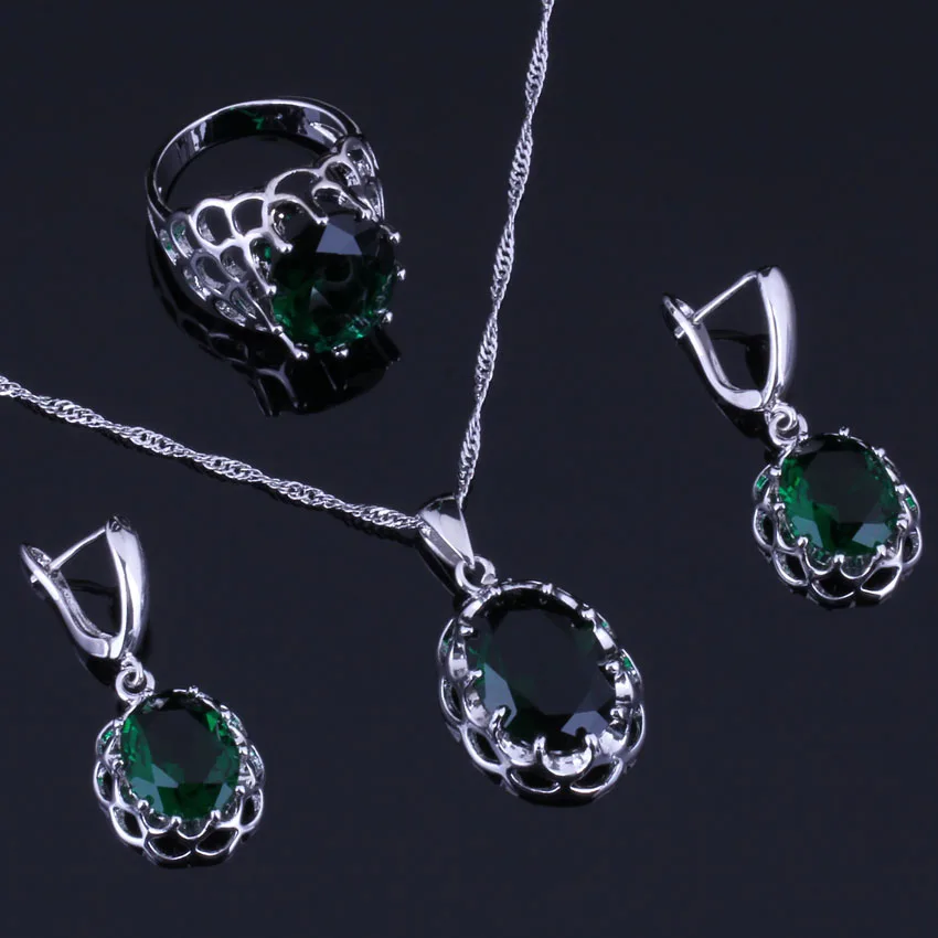 Magic Oval Egg Green Cubic Zirconia Silver Plated Jewelry Sets Earrings Pendant Chain Ring V0277